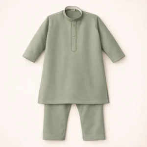 Boys' Sage Green Embroidered Kurta Pajama Set – Elegant Festive Wear