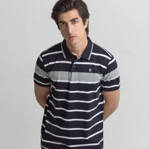 Men's Navy Blue Striped Polo Shirt – Premium Casual Fit