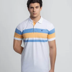 Men’s White Striped Polo Shirt - Casual Slim Fit