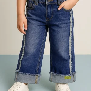 Girls' Trendy Wide-Leg Denim – Frayed Edge & Side Stripe Style